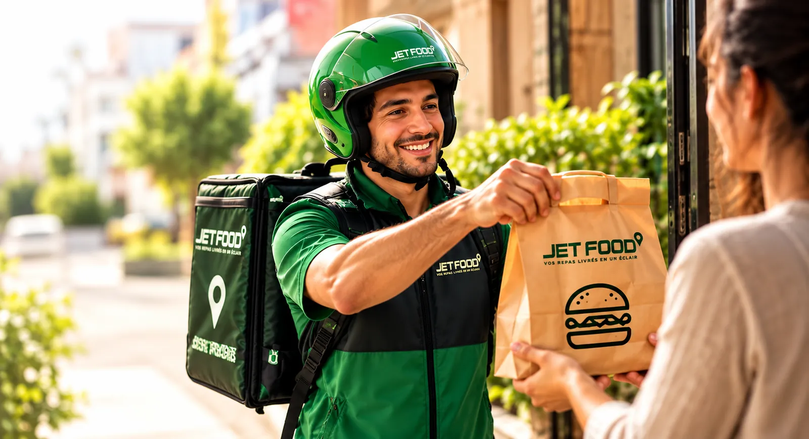 Un livreur Jetfood remet une commande à une cliente